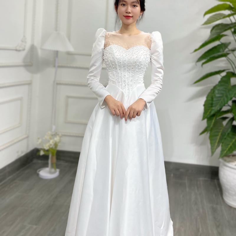 Váy đi bàn, đi tiệc tay dài chất liệu phi xịn, dáng chạm đất form gọng siết eo đẩy ngực, cổ tim, vai bồng siêu đẹp Nữ Voan Women Dress váy  cô  dâu