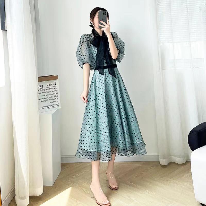 2023 Versi Korea Baru dari Gaun Polidar Lengan Polidar/Busur Angkung Rok Tanah Casual Sifon Satin Wanita Panjang Hitam Dress Pendek Midi Retro 1
