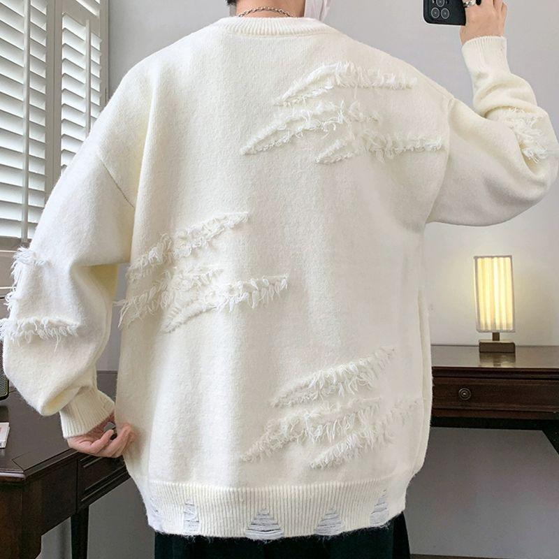 Personality round Neck Sweater Autumn and Winter Fashion Brand Pu Shuai Loose Sweater Men's Japanese-Style Retro Lazy Sweater Coat Menswear Knitwear Tops Longsleeve Crewneck Beige Plain Lingerie 2