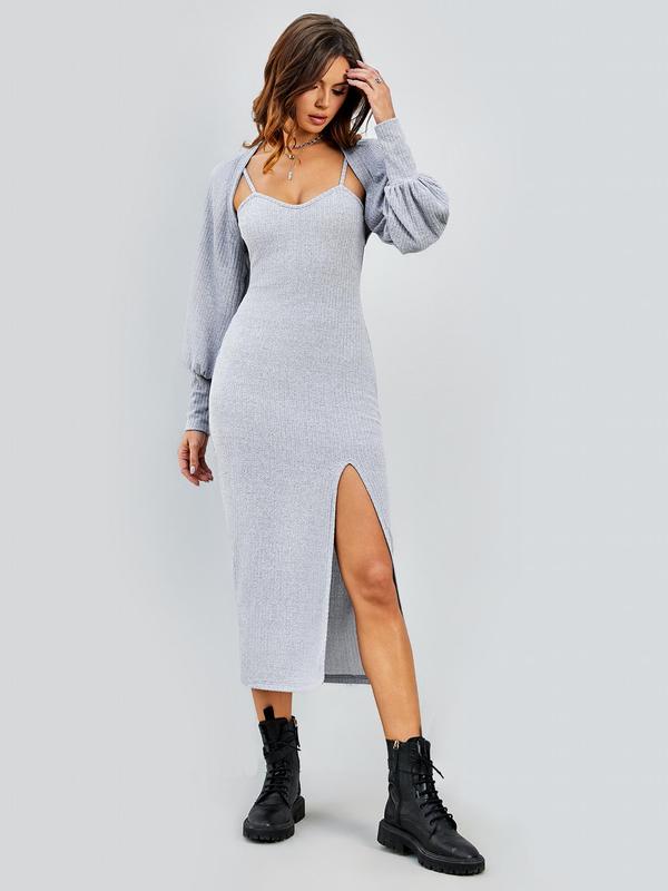 Two-Piece Set Women's Solid Co-ord Set, Split Thigh Knit Cami Dress & Bishop Sleeve Open Front Crop Top Set, Women's Clothing for Spring & Fall 0