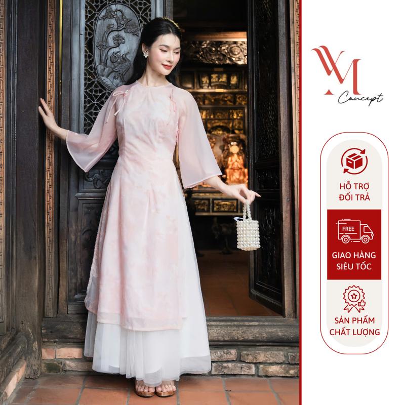 Áo Dài Cách Tân Vải Tơ Ép Hoa Nút Bọc Đính Nơ Phối Chân Váy Lưới YM Concept AD0986 - Màu Hồng Hồng/Xanh Lá/Xanh Dương - Size S/M/L/XL/2XL/3XL - Nữ, Women Dress Voan