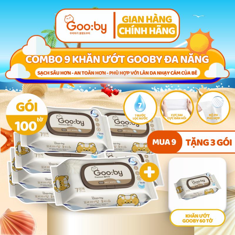 [Mua 9 tặng 3] Khăn ướt Gooby Premium 100 miếng đa năng, mềm mịn, an toàn với làn da của trẻ nhỏ em bé và gia đình