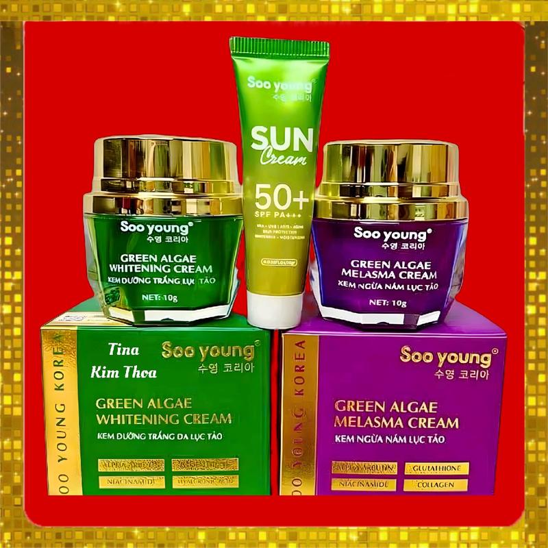 Combo Kem Face Ngày, Face Đêm, Chống Nắng Lục Tảo Soo Young Size 10 Gram, Dưỡng Da Tất cả các loại da
