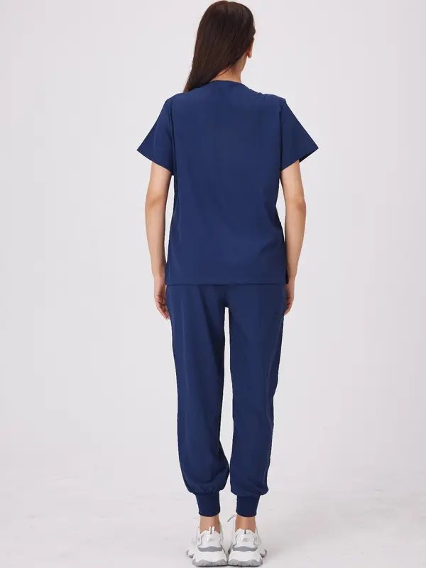 Women's Solid Color V Neck Pocket Top & Pants Workwear Set, Casual Comfy Breathable Two-piece Set for Daily Wear, Women's Workwear for All Seasons 3