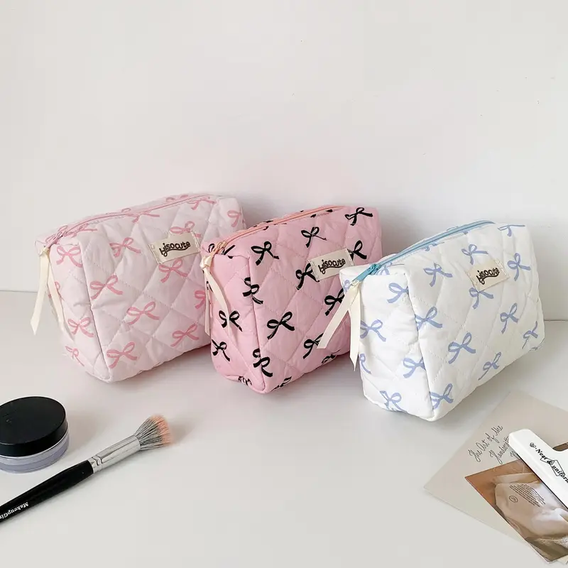Quilted Pattern Cosmetic Organizer Bag, 1 Count Large Capacity Makeup Bag with Bow Pattern, Portable Travel Storage Bag, Home Organizer 2