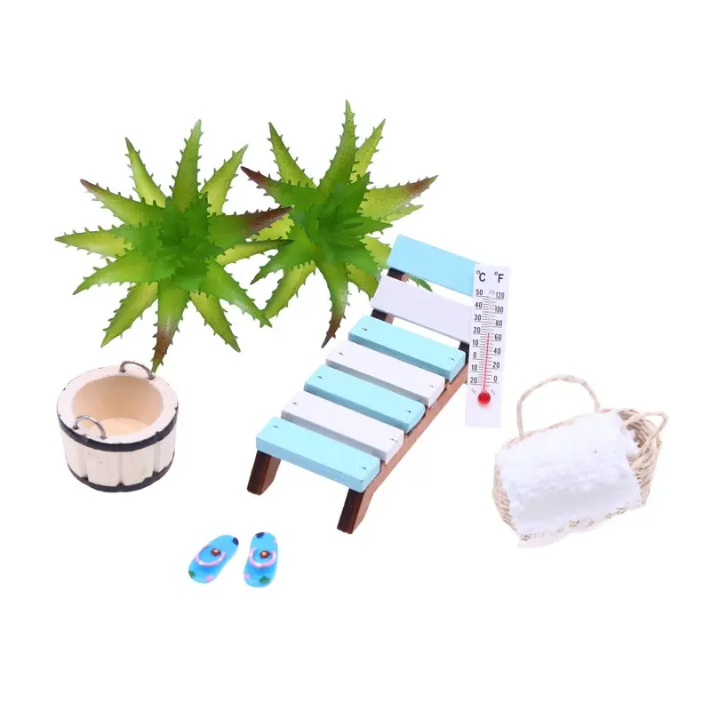 Mini Summer Beach Set, Wooden Beach Chair & Umbrella & Towel & Basket & Thermometer Model, Miniature Scene Shooting Props Model 3
