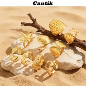 [Cantik]Cincin Tema Laut Emas untuk Wanita Cincin Terbuka 3D Kerang dan Bintang Laut Gaya Liburan B153
