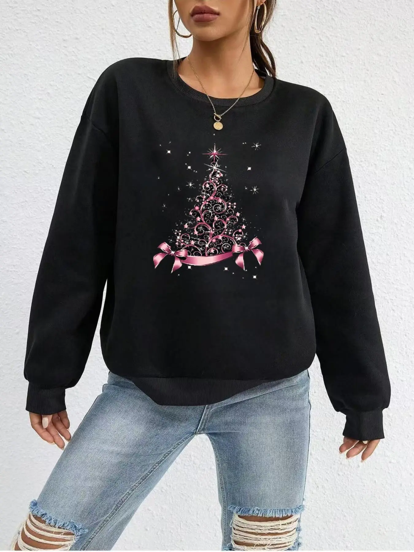 【Plus Size】 Christmas Tree & Bow Print Drop Shoulder Thermal Lined Sweatshirt, Casual Long Sleeve Round Neck Pullover for Daily Wear, Women's Clothing for Fall & Winter
