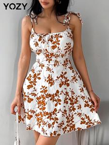 YOZY Women's Plants Print Tie Shoulder Cami Dress, Boho Sleeveless Spaghetti Strap Short Dress for Beach Holiday Vacation, Ladies Clothes for All Seasons