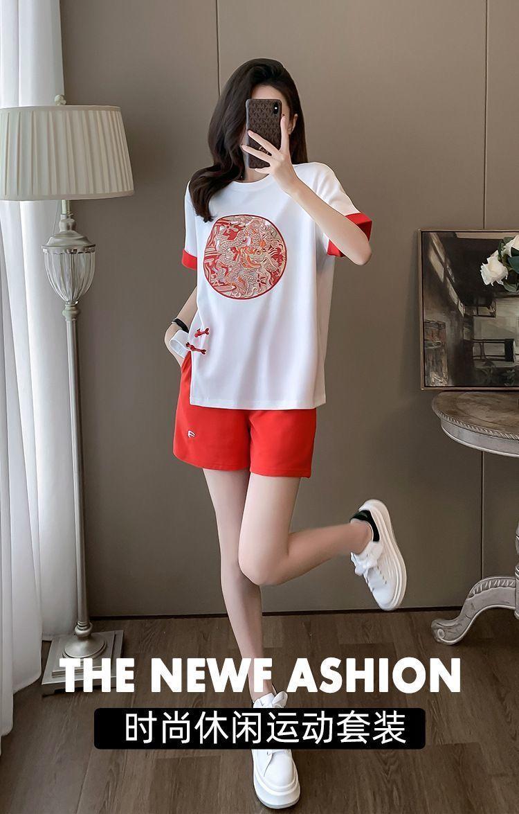 Product Introduction of New Chinese Casual Graceful Fashionable Set Women's Summer Short Sleeve Shorts Red Chinese Style Sports Popular Two-Piece Set 1