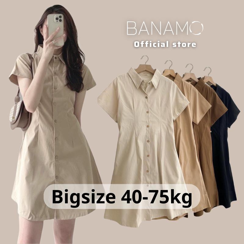 Váy nữ basic cổ sơ mi cài cúc chiết eo lưng chun nhiều màu thời trang Banamo fashion 5915 Dress Đầm Màu Đen Có Cổ