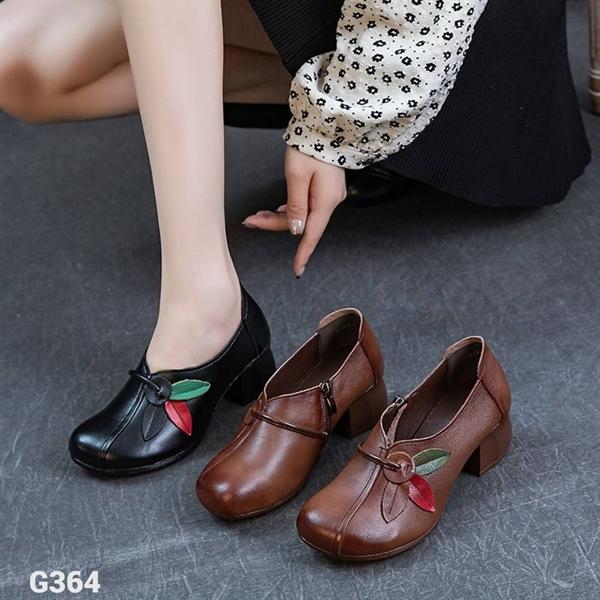 G364 GIÀY NỮ BOOT CỔ THẤP DA BÒ THẬT CAO CẤP PHỐI CÁCH ĐIỆU HOA LÁ Shoes Bốt