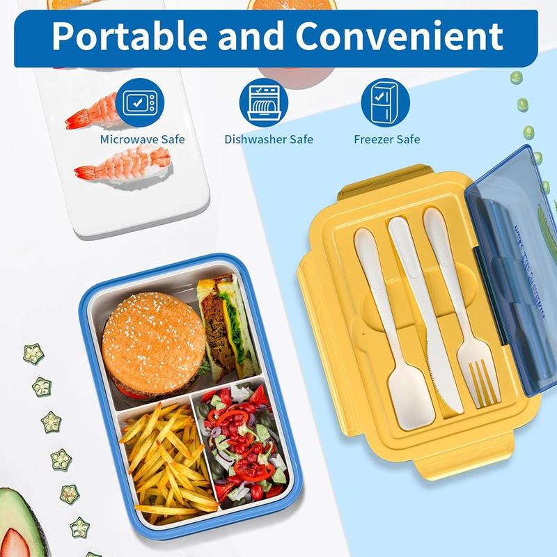 Product Introduction of 3 Compartment Bento Box, 1 Count Leakproof Lunch Box with Knife, Fork and Spoon, Durable Lunch Container for Adults & Teens & Kids 2