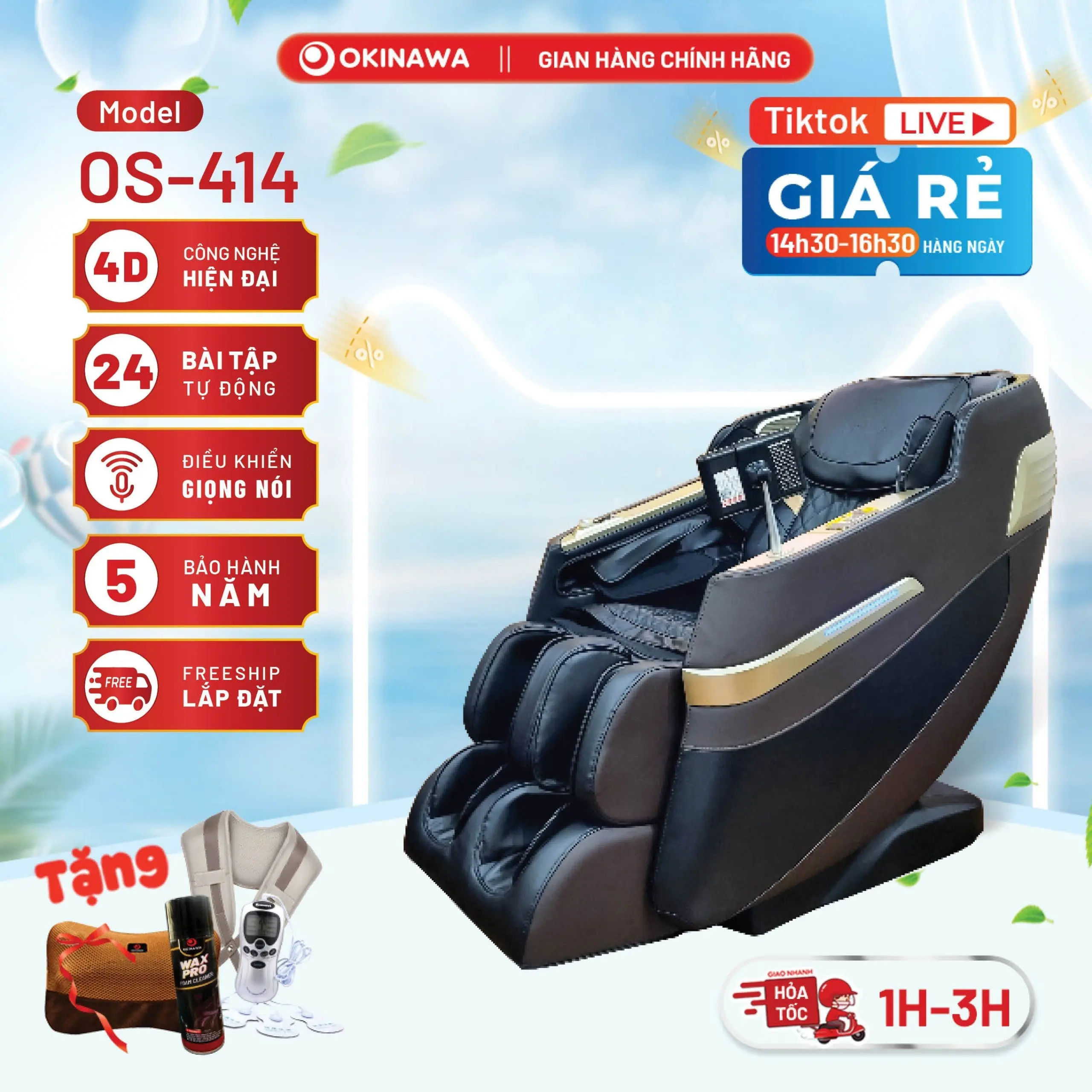 [Con lăn di chuyển 4D]Ghế massage toàn thân Okinawa OS – 414, 24 bài tập tự động, kéo giãn chuyên sâu