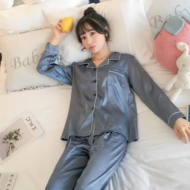 Đồ Ngủ Cho Nữ, Phong Cách Hàn Quốc, Bộ Đồ Hai Mảnh, Dài Tay, Chất Liệu Lụa Lạnh Thích Hợp Cho Mùa Xuân Và Mùa Thu, Có Thể Mặc Ngoài Trời, Gợi Cảm, Ngoại Cỡ, Đồ Mặc Nhà 4