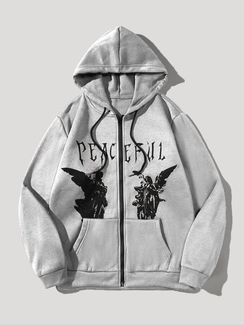Product Introduction of Unisex Men's Angel Print Zip Up Warm Hoodie, Casual Drawstring Pocket Hooded Sweatshirt for Fall & Winter, Essential Hoodie, Going Out Outfits 9