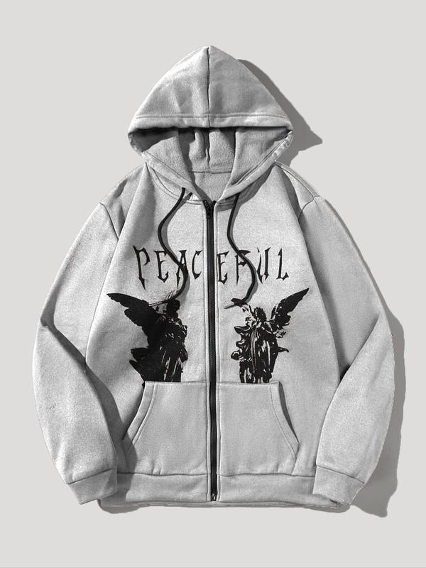 Unisex Men's Angel Print Zip Up Warm Hoodie, Casual Drawstring Pocket Hooded Sweatshirt for Fall & Winter, Essential Hoodie, Going Out Outfits 2