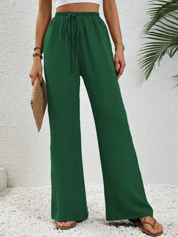 Women's Solid Color Pocket Wideleg Pants, Casual Loose Comfy Drawstring Waist Trousers for Summer, Women's Bottoms for Daily Wear, Womenswear, Wide Legged Pants, Casual Chic Bottoms, Casual Fashion Trousers 3