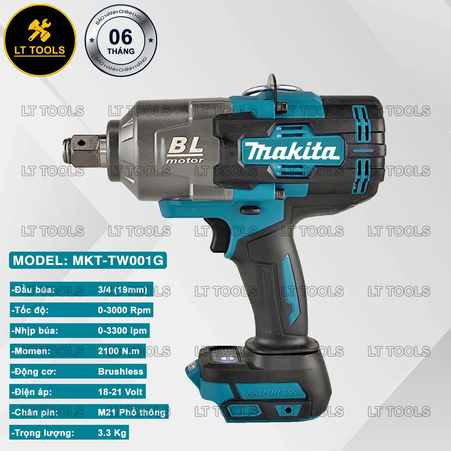 Máy Siết bulong 3/4" (19mm) Makita - TW001G, Lực siết khủng 2100N.m, Động cơ Brushless, Chân pin Phổ thông M21, Chuyên dụng cho ô tô, máy móc lớn