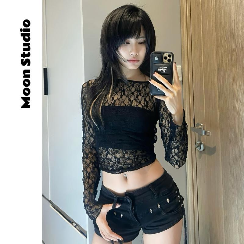 MOON.STUDIO -  [KÈM QUÂY]  ÁO THUN REN MỎNG DÀI TAY ÔMBODY TAY LOE Nữ Women