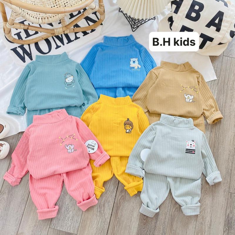 ( BỘ DÀY) bộ quần áo cổ cao dài tay thu đông, chất liệu len tăm họa tiết đơn giản cho bé trai, bé gái size 6-16kg Thun