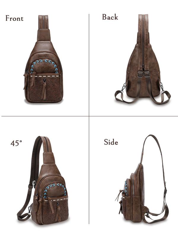 Boho Style PU Leather Chest Bag, Fashionable Floral Pattern Embossed Backpack with Adjustable Strap, Casual Trendy Versatile High-quality Daily Commuting Bag 8