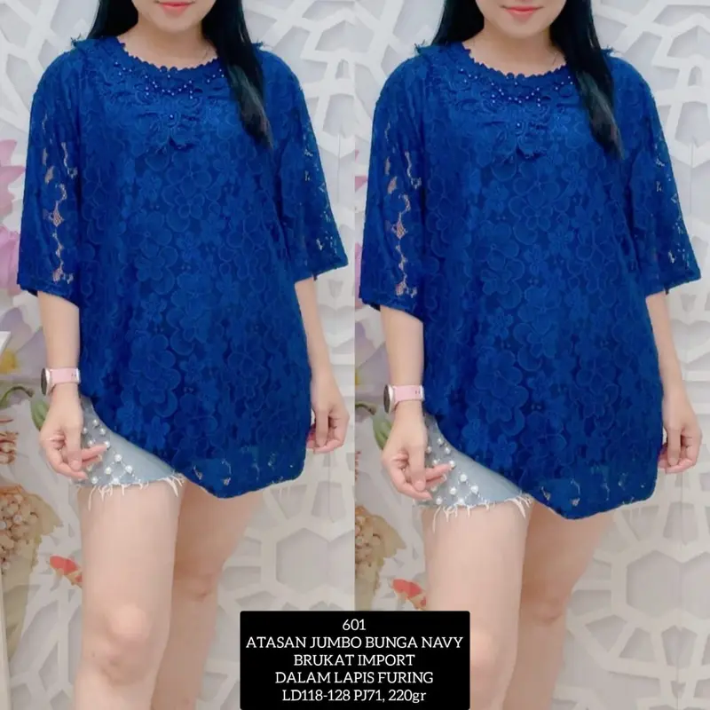 KLV Atasan Blus Brokat Wanita Jumbo Import Lengan 3/4 - 601 1