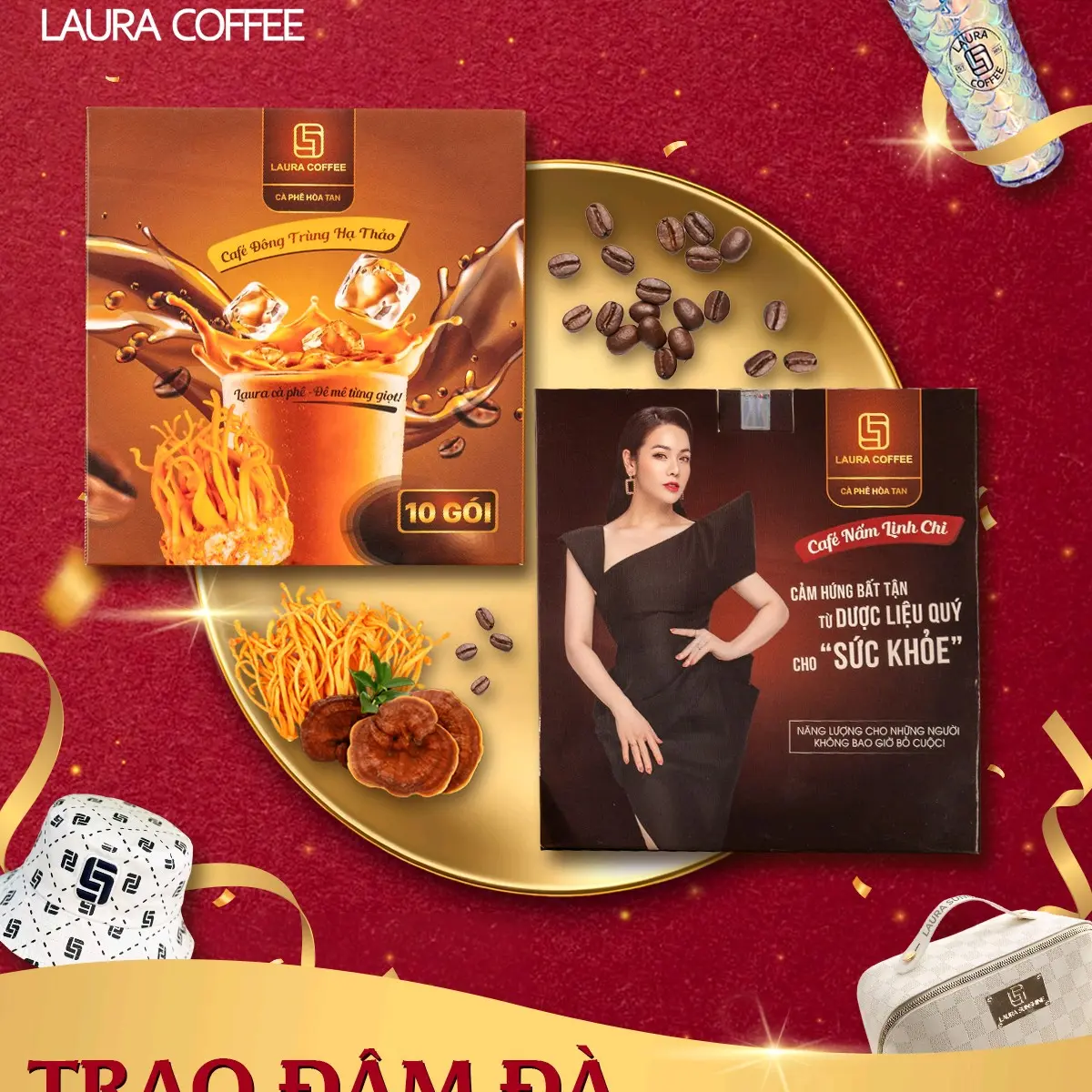 Combo 2 hộp càphe sữa Laura Sunshine vị đông trùng hạ thảo và nấm linh chi 18g Coffee