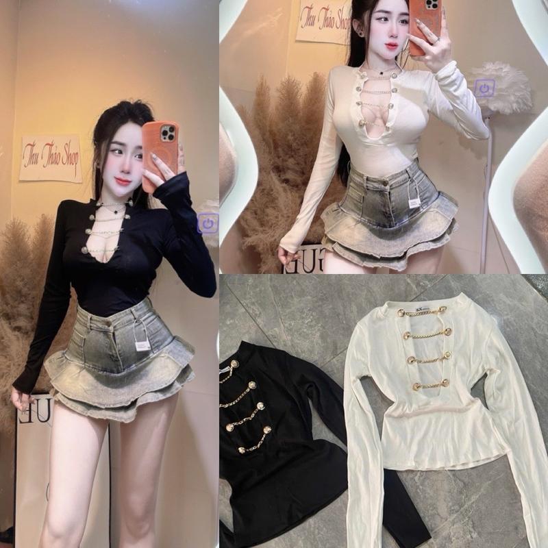 ÁO THUN TAY DÀI CỔ TRÒN PHỐI KHUY FOM DÁNG LỬNG KHOÉT CỔ SÂU LỌ VÒNG 1