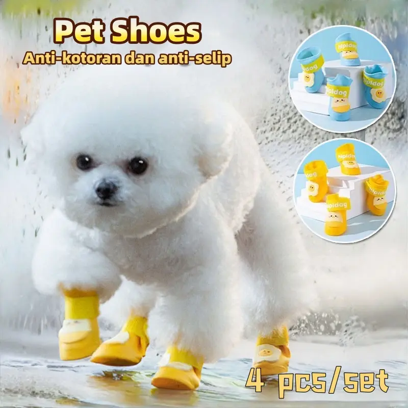 Vixplorn   Sepatu Bot Hujan Anjing 4pcs Silikon Waterproof Anti Kotor Rubber Boot Anti Slip Untuk Jalan Petualangan Hewan Peliharaan Kucing Kartun Tahan Air
