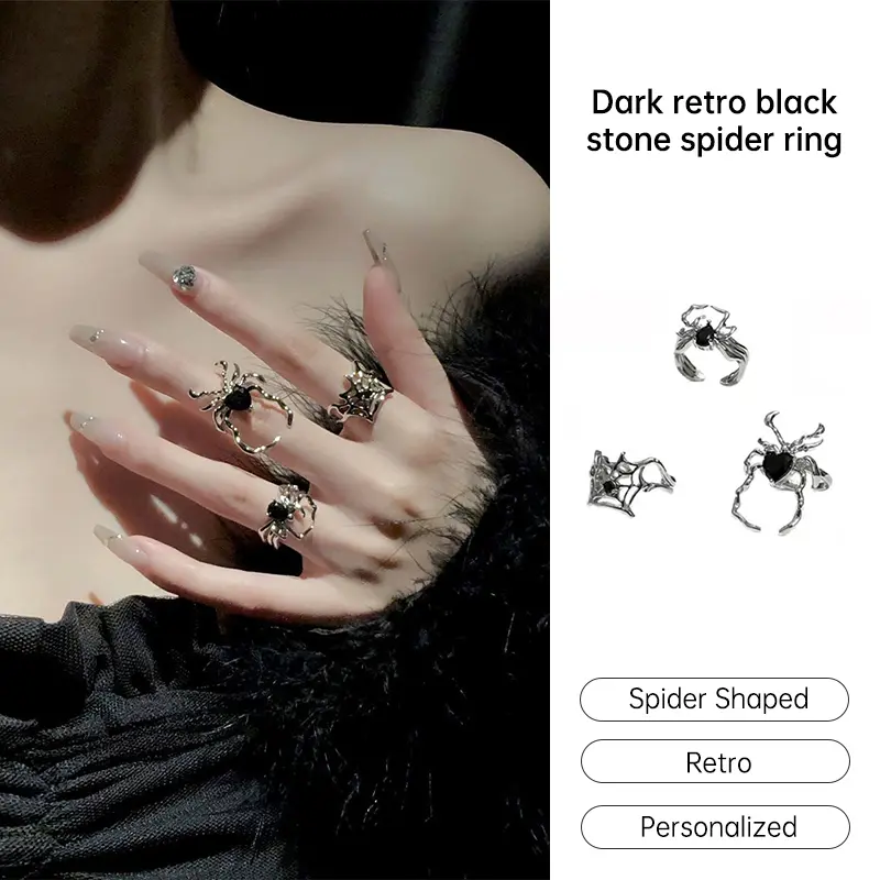 【Sktlz】 Light l-uxury ins Cold Style Dark Retro Black Gem Spider Ring High-end  Opening Ring Niche Personalized Ring 4