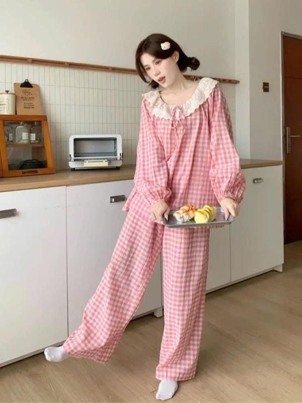 Bộ Karo Bèo Cổ - Áo Cổ Bèo Dài Tay + Quần Suông Phom Rộng - Chất Liệu Đủi Karo Hottrend - Hà Huế Shop 0