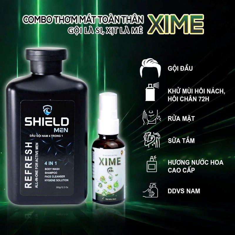   Chỉ dành cho Phiên Live  Combo Thơm Mát Toàn Thân Xime- Dầu tắm gội Shield Men 350 ml 4 in 1 hương nước hoa nam bạc hà mát lạnh dưỡng thể cao cấp Xịt khử mùi hôi nách hôi chân Xime 30 ml thơm mát ngăn mùi cơ thể 72h năng động ngăn mồ hôi 