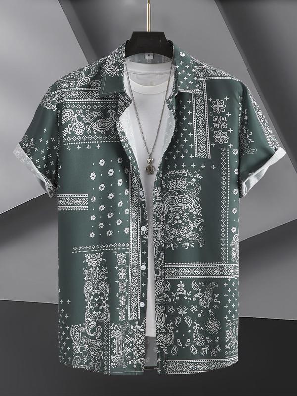 Men's Regular Fit Paisley Print Button Front Shirt, Summer Clothes, Boho Casual Short Sleeve Collared Top for Summer, Men's Clothes for Vacation Holiday Wear 3