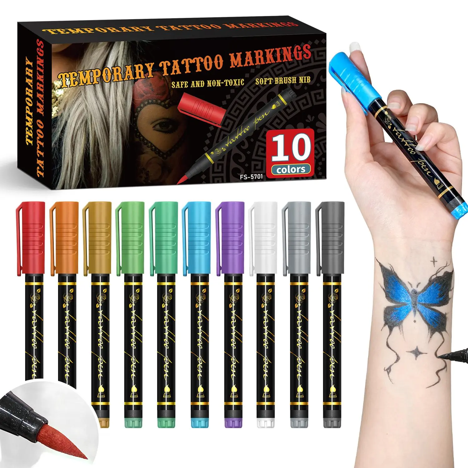 Temporary Tattoo Marker Pen, 10pcs/set Waterproof Body Paint Marker Pen, Art Supplies for DIY Body Painting & Drawing, Teen Girl Gifts