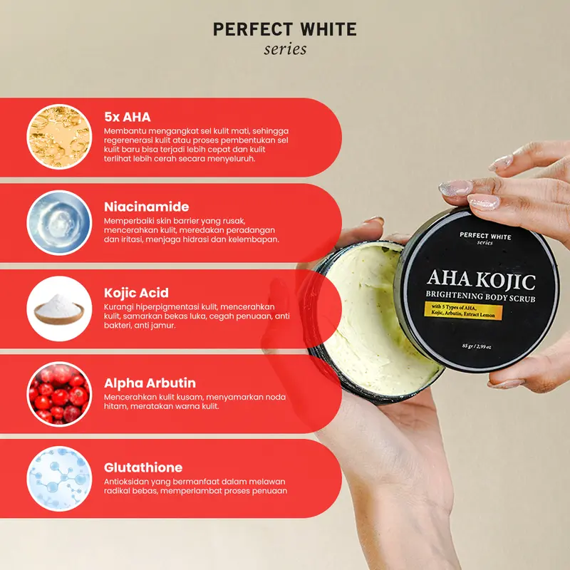 [3pcs] PERFECT WHITE AHA Kojic Brightening Body Scrub | Perontok Lulur Pemutih Mencerahkan Pencerah Lightening Tubuh with Glycolic Kojic Acid Atasi Noda Hitam Perawatan Mandi 3