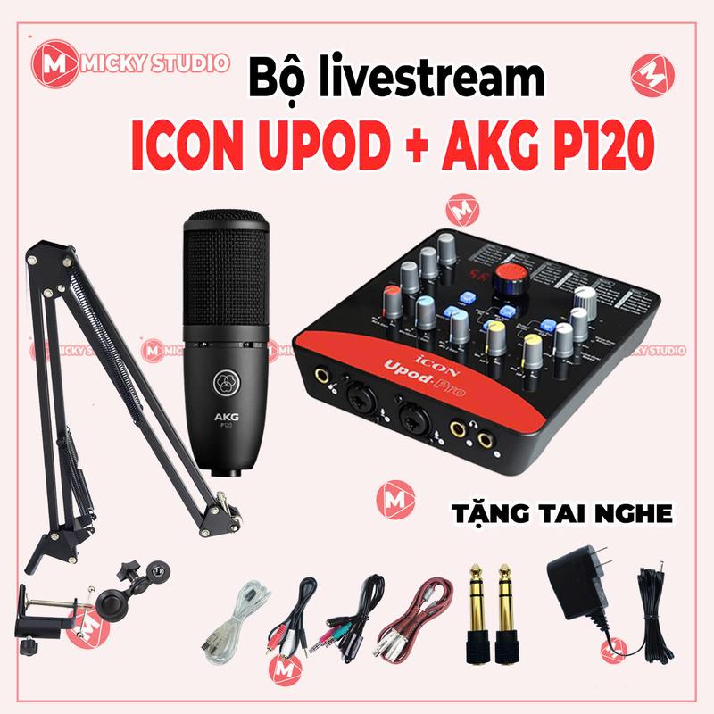 Trọn bộ mic P120 sourd card ICON UPOD PRO có 72 chế dộ vang dùng để livestream thu âm, dùng cho điện thoại và máy tính đầy đủ chân đỡ mic kẹp bàn, dây live , dây mic, dây usb, dây lấy nhạc tặng kèm tai nghe