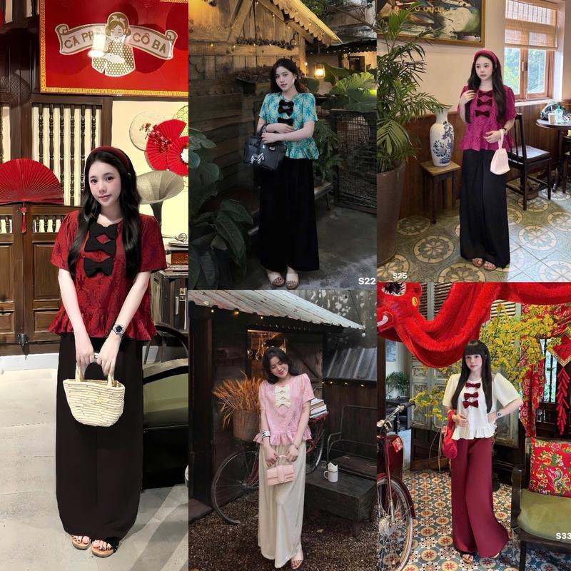 Sét Bộ TẾT GẤM LỤA NƠ + Quần Ống Rộng Lụa Qc Top Women BigSize50-90kg - Áo