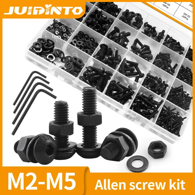 580/1060/1322pcs Button Head Hex Socket Screw Set M2 M2.5 M3 M4 M5 Carbon Steel Allen Round Head Bolt and Nut and Washers Kit