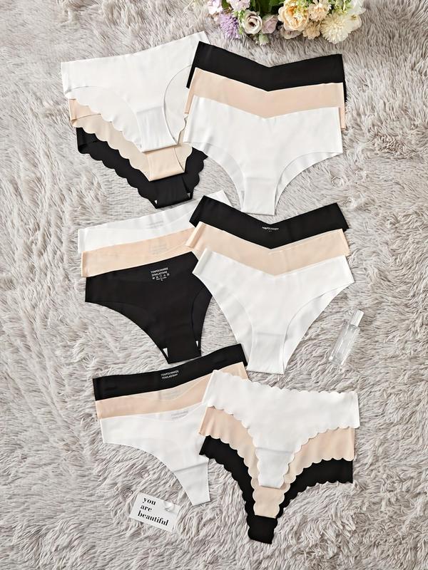 Women's 18pcs Solid Scallop Trim & V-shaped Waist Nylon Thong, Soft Comfy Breathable Seamless Knicker for Daily Wear, Summer Wear 2024, Underwear for All Seasons 1