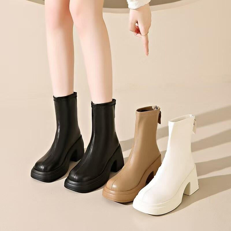 (แนะนำ+1ไซด์ค่ะ)One for all พร้อมส่งจากไทย TX623 รองเท้าบูทส้นสูง รองเท้าบูทหุ้มข้อ หนา3นิ้ว มีซิปด้