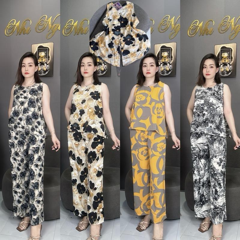   Sale  Đồ Bộ Mặc Nhà Cho Nữ Dáng Chữ A xẻ Tà Sau có Kết Nút Bằng Gỗ Quần Suông 