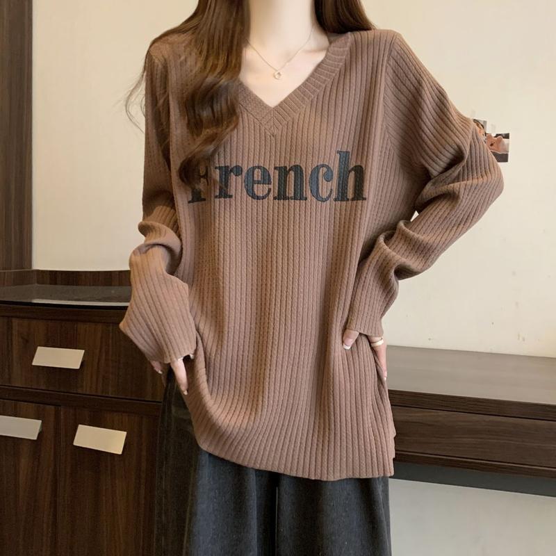 Product Introduction of Áo Thun Dài Tay Dáng Rộng Cổ Chữ V, Cỡ Lớn, Phong Cách Lười Biếng, Quần Áo Nữ, Phong Cách Mới Đầu Thu, Che Thịt, Dễ Phối Đồ, Áo Thường Ngày Dài Trung Bình Thời Trang 13