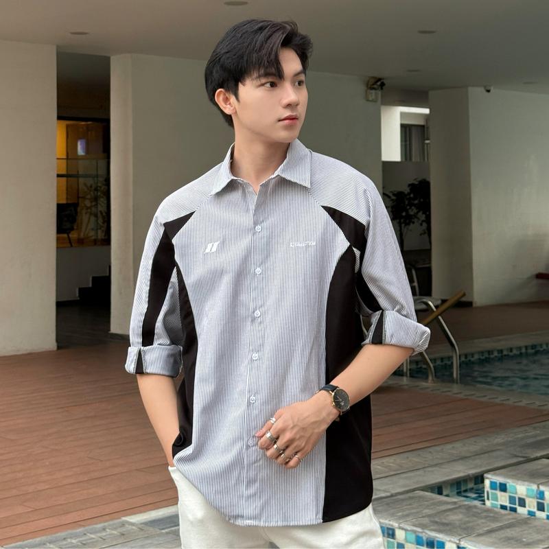 Áo sơ mi Unisex nam nữ dài tay oxford kẻ sọc phối line Boiz SIXHUMAN HM1115 Menswear Shirt Kem Jean