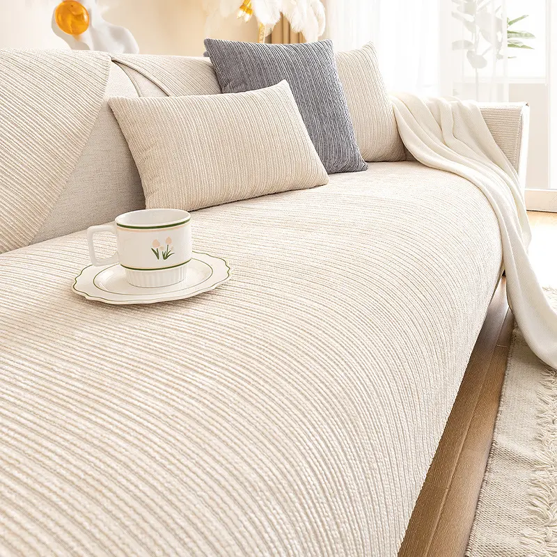 Luxury Anti-slip Chenille Sofa Cover High Density Soft Striped Sofa Cushion Four Seasons Universal Cushion Cream Color Sofa Mat Sofa Decorative Cover Dust-proof Cushion