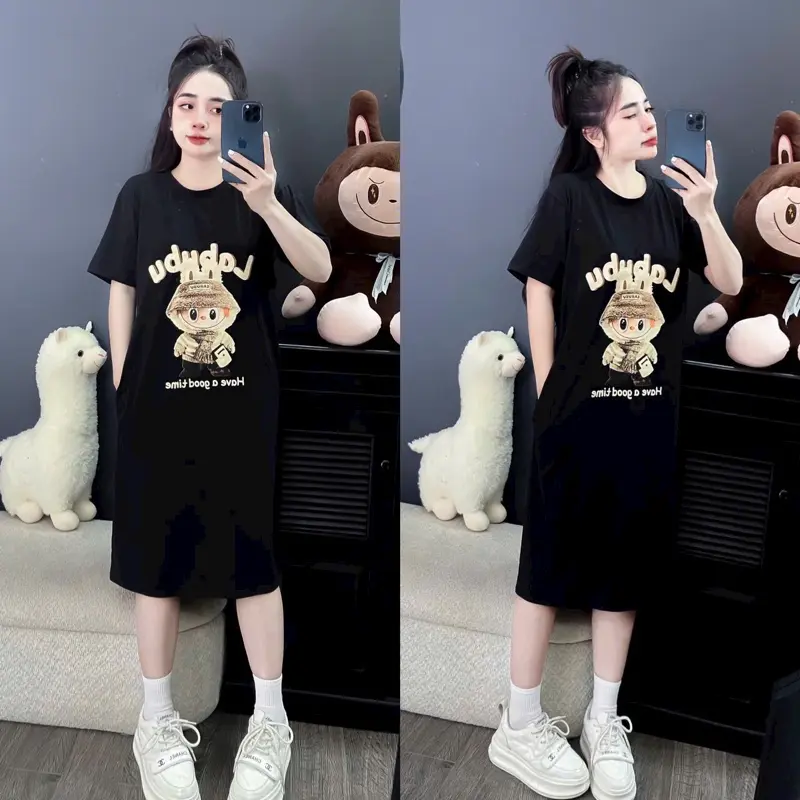 Váy thun suông cổ tròn tay ngắn dáng xoè in labubu freesize- Tyan Dress 1
