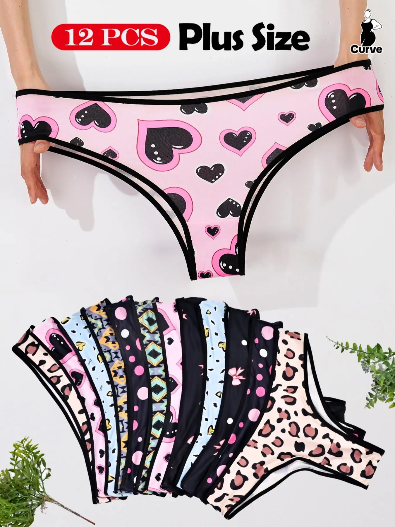 【Plus Size】 All Over Print Contrast Binding Panty, Cute Soft Comfy Breathable Knicker for Daily Wear, Women's Underwear for All Seasons