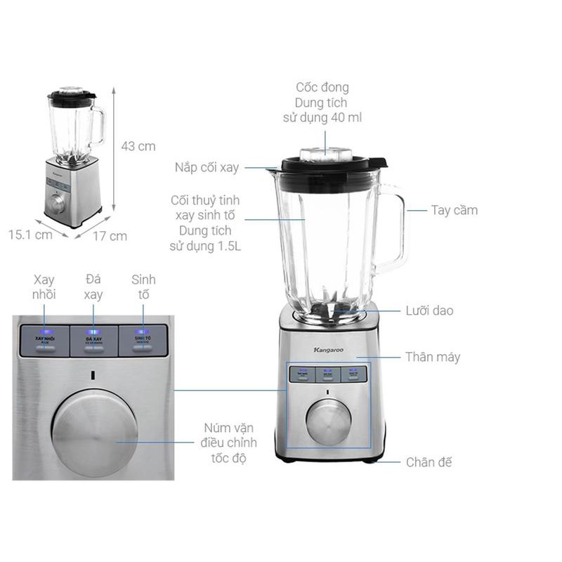 PHỤ KIỆN CỐI TO / LY THỦY TINH - MÁY XAY SINH TỐ KANGAROO KGBL1000X Inox Cao Su