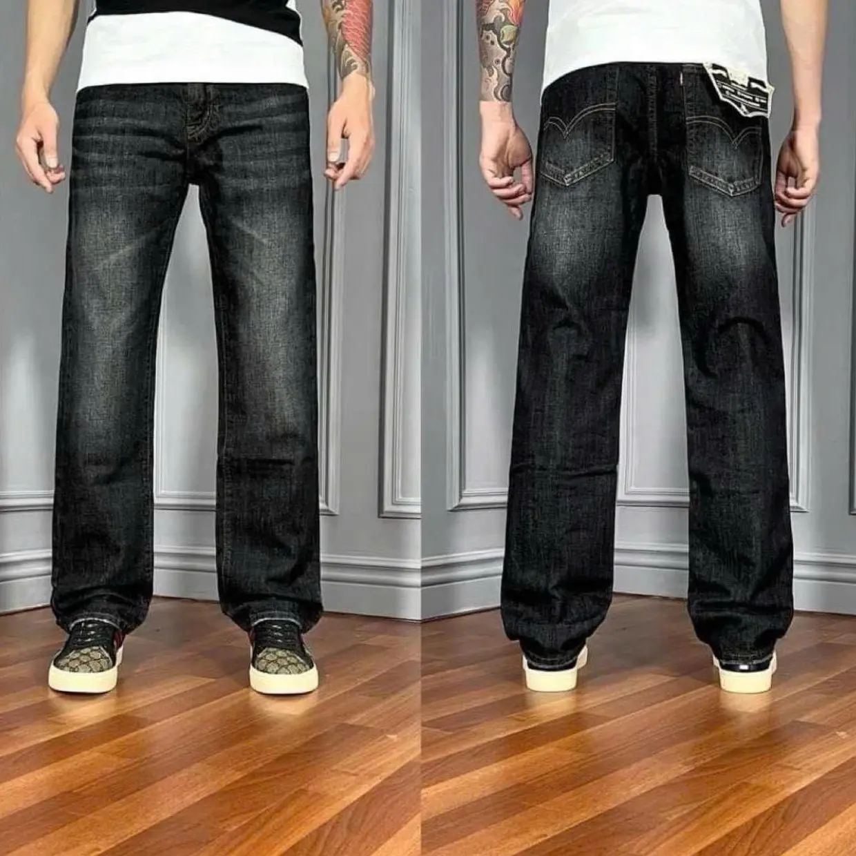 Quần suông đen xám mài nhẹ le.ví nam Jean Menswear Pants Có Túi