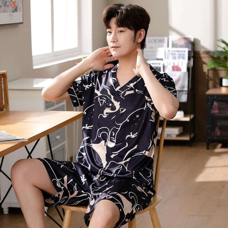 Bộ Đồ Ngủ Lụa Lạnh Dành Cho Nam Giới, ngắn Tay Áo, Mỏng Và Rộng Rãi, Cỡ Lớn, Làm Bằng Lụa Nhân Tạo, Bộ Đồ Hai Mảnh, Thích Hợp Cho Mùa Xuân Và Mùa Hè, Mặc Nhà Menswear Nhung 2